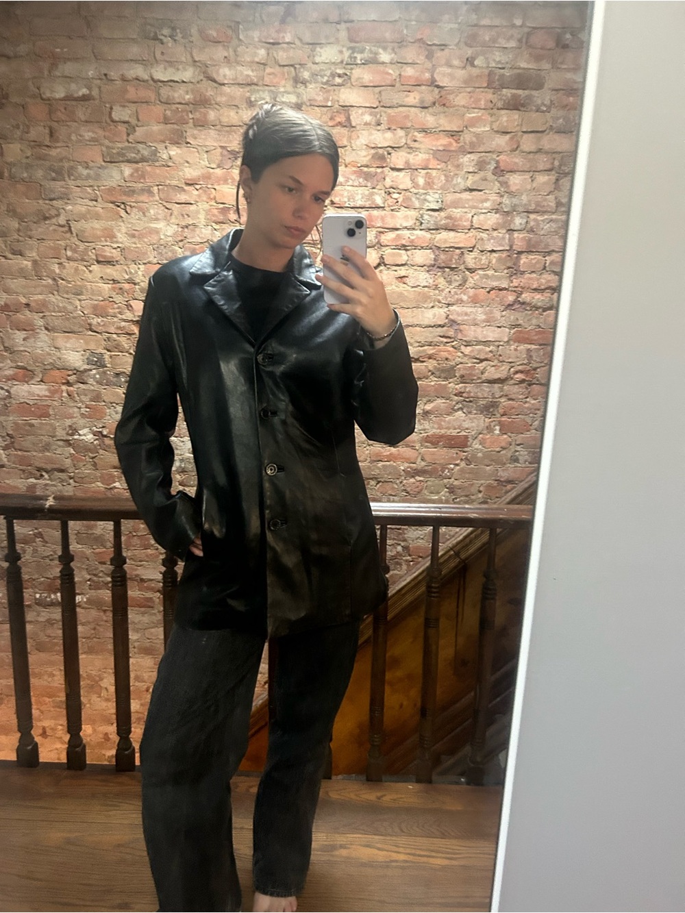 Black Leather Button-Front Jacket